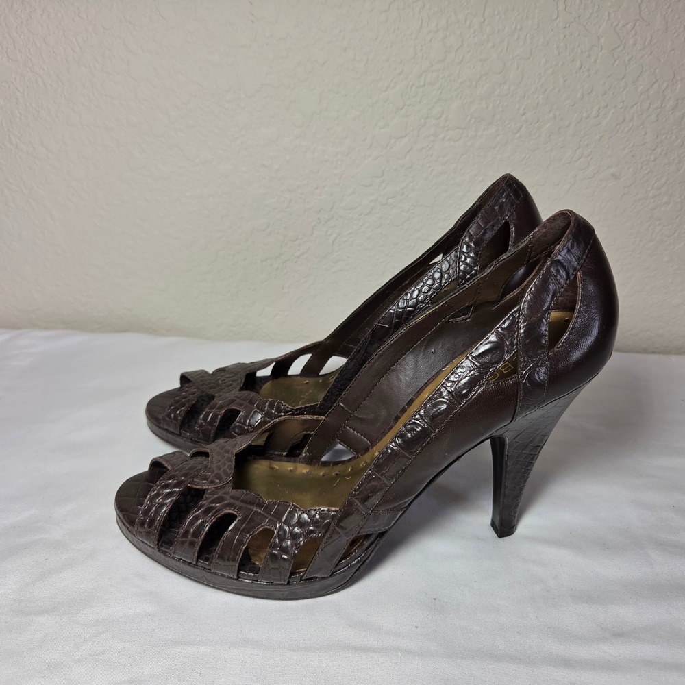 BCBGIRLS Brown Croc Embossed Open Toe Stiletto Cage Pumps Heels 9.5B S1756